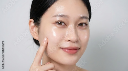 Wallpaper Mural A young woman with radiant, glowing skin pointing to her cheek. Torontodigital.ca