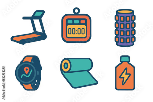 Modern Fitness Tools. Training Tools Set flat icon set: treadmill, interval timer, recovery roller, GPS watch, stretching mat, energy gel