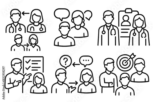 Care Team Icons. Care team collaboration actions linear icon set: coordinating care, sharing updates, team huddles, reviewing cases, assigning tasks, problem-solving, providing