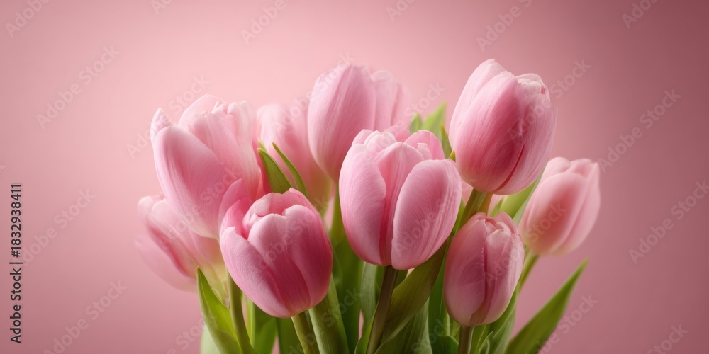 Obraz premium Beautiful Arrangement of Fresh Pink Tulips on Soft Pink Background Perfect for Celebrating Spring, Love, or Special Occasions in Floral Design