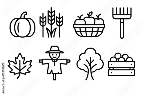 Autumn Harvest Icons. Autumn Harvest linear icon set. pumpkin, wheat, apple basket, crate, rake, leaf, scarecrow, tree.