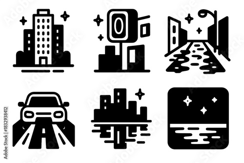 Urban Night Lights. Urban Lights at Night linear icon set. skyscraper, neon sign, wet pavement, car headlights, reflection pool, night sky