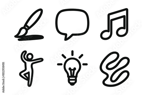 Artistic Icon Set. Creative Expression Set linear icon set: paint stroke, word bubble, musical note, dance pose, idea spark, abstract shape