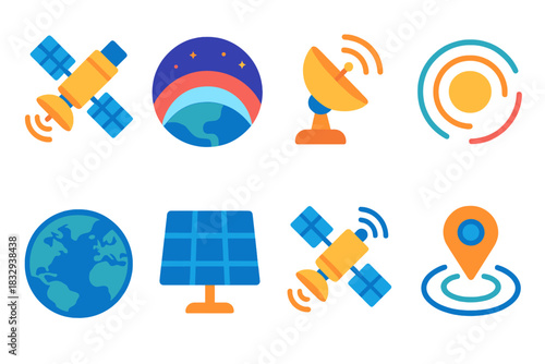 Space Observation Icons. Space Observation flat icons set. satellite in orbit, atmospheric layer, weather radar, data transmission, space signal, Earth map, solar panel, tracking