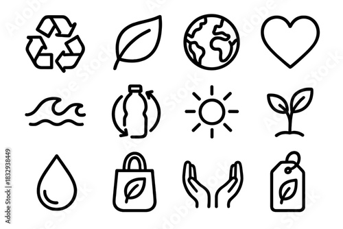 Eco Symbol Collection. Eco lifestyle symbols linear icon set. recycling loop, leaf, earth globe, heart, clean wave, reusable icon, sunshine, sprout, water drop, green bag, care