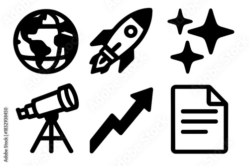 Visionary Icons Set. Future visionary thinking silhouette icon set. globe, rocket, stars, telescope, growth arrow, document paper.