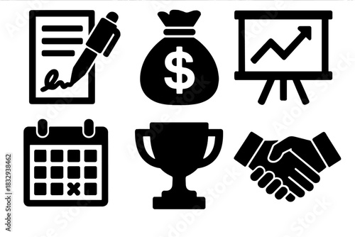 Brutalist Sales Icons. Sales closing silhouette icon set: pen signing document, money bag, chart board, calendar, trophy, agreement
