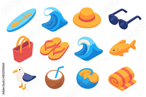 Coastal Adventure Icons. Coastal Paddle Fun flat icon set: board, paddle, surf wave, sun hat, sunglasses, beach bag, flip-flops, ocean wave, fish, seagull, coconut, towel