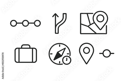Adaptive Route Icons. Adaptive Route Elements linear icon set: segmented timeline, choice fork, reconfigurable map tile, time buffer icon, compact bag, direction wheel, highlight