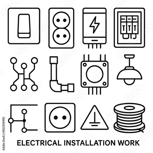 Electrical Installation Icons. Electrical Installation Work linear icon set: light switch, wall outlet, fuse box, breaker panel, circuit board, conduit pipe, junction box, ceiling