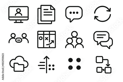 Remote Work Icons. Remote Co-Working Symbols linear icon set: online meeting, shared note, comment bubble, sync cycle, team link, planning board, grouped icons, chat thread, cloud