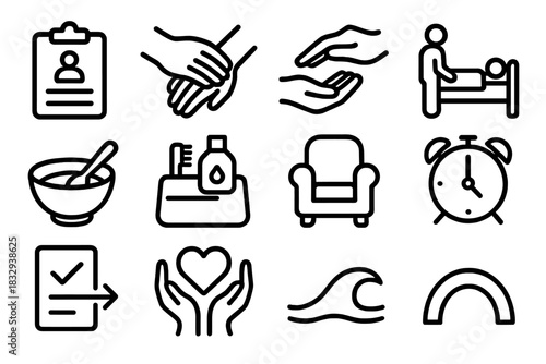 Caregiving Icons Collection. Caregiving Duties Pack linear icon set: care plan sheet, supportive arm, gentle touch icon, wellness check, meal prep bowl, hygiene kit, rest chair