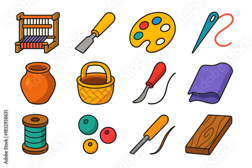 Craftsmanship Icons Set. Traditional Craftsmanship Icons flat icon set: loom, chisel, paint palette, needle, thread, pot, basket, carving tool, fabric, spool, beads, wood plank