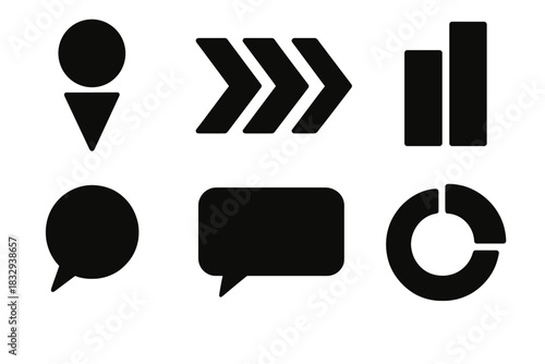 Bold Infographic Icons. Infographic Elements Set silhouette icon set: timeline marker, arrow flow, comparison bars, statistic bubble, callout box, segmented circle