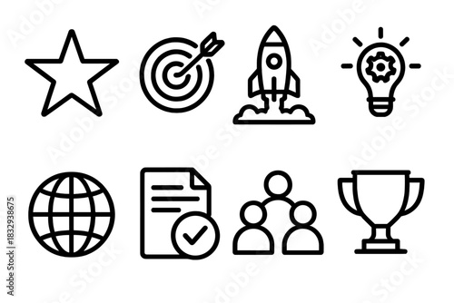 2025 Achievement Icons. 2025 Achievements linear icon set. golden star, target board, rocket launch, innovation icon, digital globe, document checkmark, teamwork, success trophy