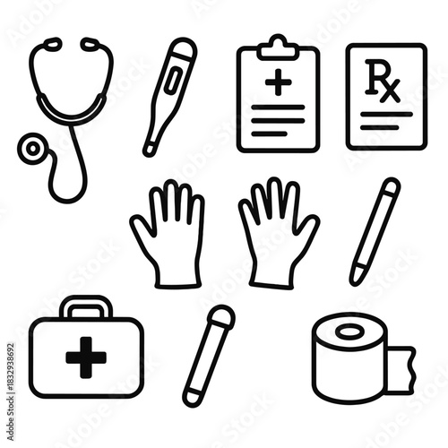 Doctor Essentials Icons. Doctor Essentials linear icon set: stethoscope, thermometer, clipboard, prescription pad, medical bag, latex gloves, penlight, bandage roll