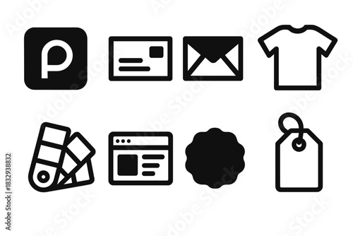 Brutalist Icon Set. Brand Identity Elements silhouette icon set. logo mark, business card, envelope, t-shirt, color swatch, website screen, badge, tag.