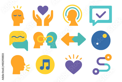 Connected Communication Icons. Connected Communication Kit flat icon set: mindful exchange icon, open-hearted gesture, listening focus ring, respectful cue card, calm communication