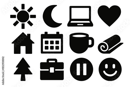 Bold Work-Life Icons. Work-Life Balance silhouette icon set: sun, moon, laptop, heart, home icon, calendar, coffee cup, yoga mat, tree, briefcase, pause button, smile icon