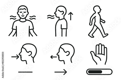 Breathing Wellness Icons. Pulmonary Wellness Practices Actions linear icon set: deep breath pose, paced breathing lines, posture lift, walk icon, inhale arrow, exhale arrow