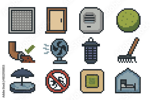 Pixel Art Mosquito Icons. Anti-Mosquito Home Solutions pixel style icon set: window mesh panel, door seal strip, indoor repellent diffuser, larva-control tablet, drainage check