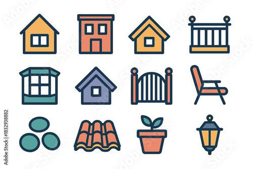 Modern Home Icons. Residential Structure flat icon set: cottage outline, townhouse silhouette, cabin roof, balcony rail, bay window, dormer, side gate, patio chair, walkway stones