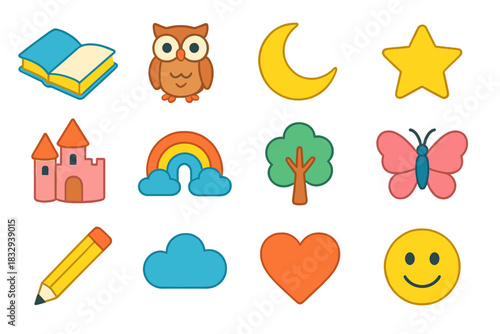 Storytime Icon Collection. Storytime Adventures flat icons set. book, owl, moon, star, castle, rainbow, tree, butterfly, pencil, cloud, heart, smiling face