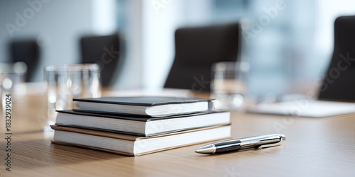 Clean, minimalist shot of a clean, simple stack of notebooks and a few pens on a clean table before the meeting starts, preparation, anticipation, clean design, 16K,