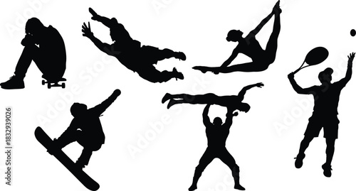 Silhouette collection of various sports and activities in black and white