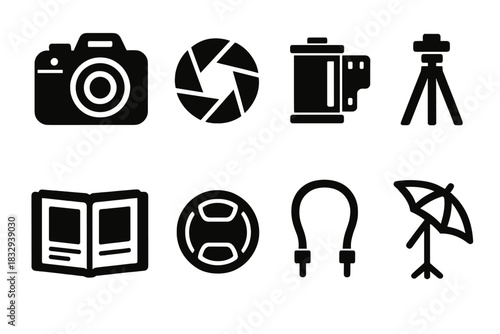 Bold Photographer Icons. Photographer silhouette icon set: DSLR camera, aperture icon, film roll, tripod stand, photo album, lens cap, camera strap, lighting umbrella