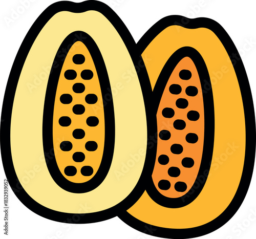 Papaya cut in half showing its yellow flesh and black seeds, simple colorful icon of a tropical fruit