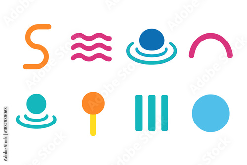 Minimal Harmony Icons. Balanced Rhythm flat icon set: dual curve, equal-weight icon, steady breath line, centered pebble, soft ripple, harmonious arc, aligned stripe, calm orb