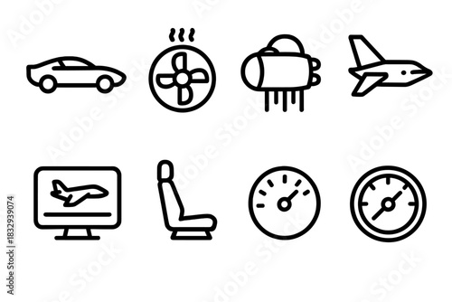 Futuristic Car Blueprint. AeroTech Design linear icon set: aerodynamic car, lift fans, power thrusters, stabilizer fins, blueprint diagram, flight simulation, pilot seat, fuel