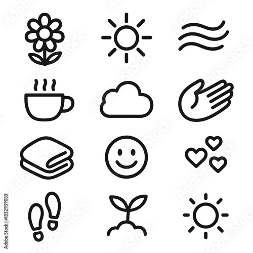 Happiness Icon Set. Happiness Elements Set linear icon set: blooming flower, shining light, uplifting breeze, gratitude hand, cozy cup, soft cloud, warm smile icon, tiny heart