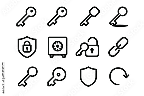Key Security Icons. Key & Security Symbols linear icon set: angled key, double-sided key, slim key, key shadow, shield lock, safe box icon, unlocking motion, linked ring, clean key