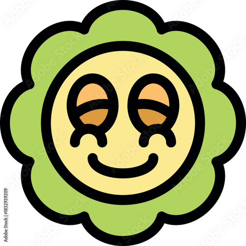 Cartoon flower with a smiling face and closed eyes, surrounded by green petals, conveying happiness and peace