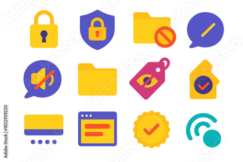 Privacy Icon Collection. Confidential Secrecy flat icon set: lock icon, privacy shield, restricted file, muted speech bubble, closed folder, hidden tag, coded line, blurred window