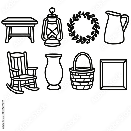 Rustic Homestead Icons. Homestead Interior linear icon set. wooden table, lantern, wreath, milk jug, rocking chair, vase, basket, frame