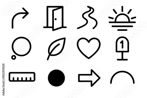 Life Transition Icons. Life Transitions Elements Set linear icon set: turning point arrow, open door, shifting path line, sunrise icon, reflective bubble, growth leaf, gentle heart