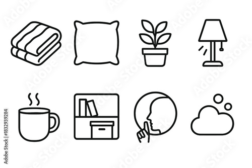Campus Comfort Icons. Campus Comfort Essentials linear icon set: cozy blanket, dorm pillow, small plant, warm light lamp, tea mug, tidy shelf, quiet space icon, comfort bubble