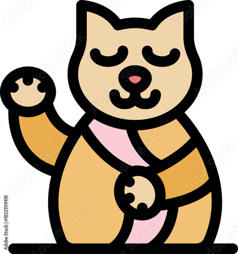 Golden waving lucky cat wearing a pink scarf bringing fortune and prosperity