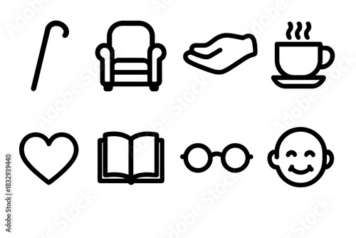 Elderly Companionship Icons. Elderly Companionship Collection linear icon set. walking cane, chair, hand, tea cup, heart, book, glasses, smile.
