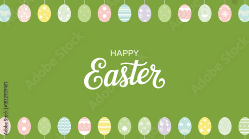 Happy easter greeting with colorful decorated eggs hanging on a vibrant green background
