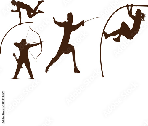 Ancient cave painting style silhouettes of various sporting activities on white background