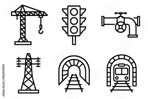 Infrastructure Icons Blueprint. Infrastructure Design linear icon set. blueprint, crane, traffic light, water pipe, power line, subway tunnel