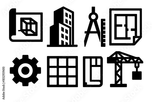 Brutalist Architectural Icons. Architectural Modeling silhouette icon set: blueprint, 3D building, ruler, compass, plan sheet, gear, floor grid, crane