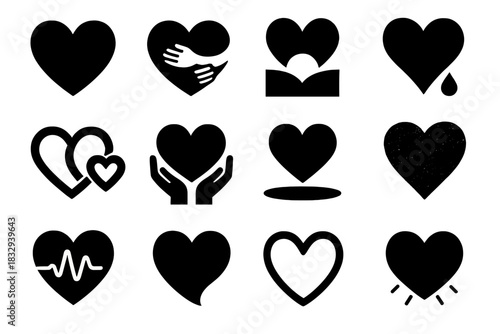 Bold Heart Icons. Love & Care Collection silhouette icon set: gentle heart, warm hug heart, rising heart, heart drop, connected hearts, caring hands heart, floating heart, textured