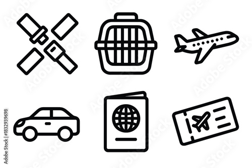 Travel Safety Icons. Safe Journey linear icon set. seatbelt harness, crate, plane icon, car, passport, ticket