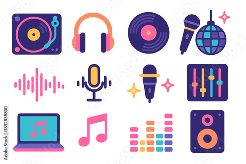 Vibrant DJ Elements. DJ culture flat icon set: turntable, headphones, vinyl record, mixer, sound wave, microphone, neon light, disco ball, laptop, equalizer, music note, speaker