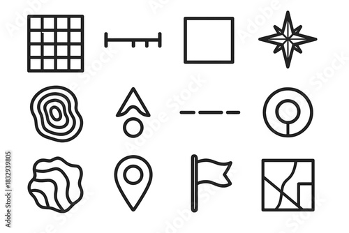 Cartography Icon Set. Cartography Icons linear icon set: grid overlay, scale bar, legend box, north arrow, contour line, elevation marker, boundary line, coordinate point, terrain